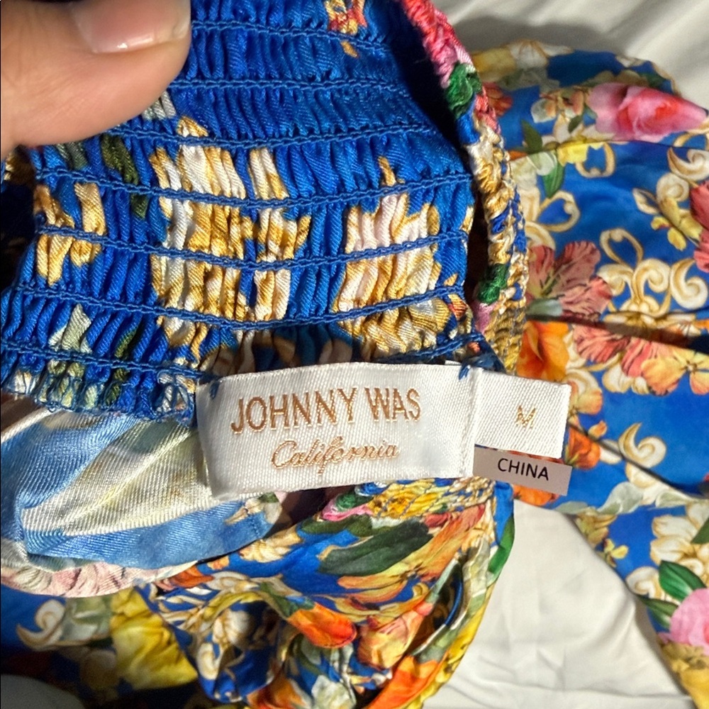 Johnny Was Blue Floral Wide-Leg Pants with Multicolor Roses - Picture 2 of 2